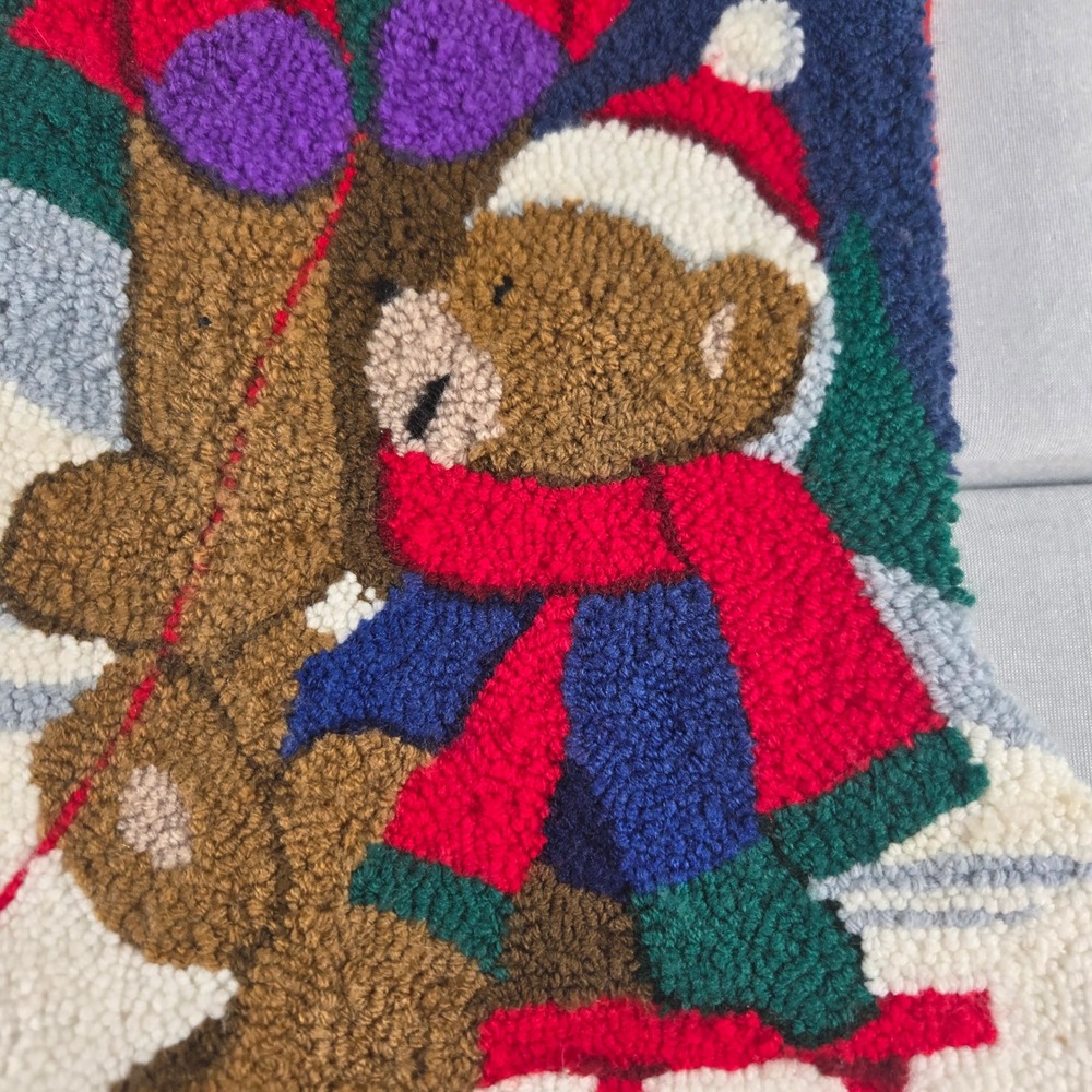 Vintage Teddy Bear Christmas Stocking Hooked Rug‎ Style Red Green Holiday Decor - Picture 5 of 5